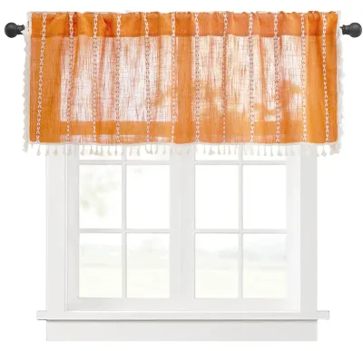 Kurze Boho-Küchenvorhänge mit Quasten, Orange, 132×61 cm