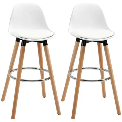 Image de Ensemble de 2 tabourets de bar - Design scandinave - Réglables en hauteur et pivotants - Assise enPolyuréthane- Structure en bois avec repose-pieds - 43x43x91 cm - Blanc