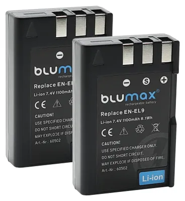 Produktbild von 2x Blumax Akku | für Nikon EN-EL9 Digitalkamera | Kapazität 1100mAh  |Spannung 7,4Volt | Video- und  Kamerazubehör
