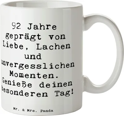 Produktbild von Mr. & Mrs. Panda Tasse Spruch 92. Geburtstag - Weiß - Geschenk, Geburtstagsgeschenk, Herz, Alter, Keramiktasse, Pott, Erinnerungen feiern, Teetasse, Zuneigung