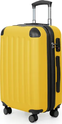 A yellow suitcase with black accents and wheels, shown from a front-diagonal angle.