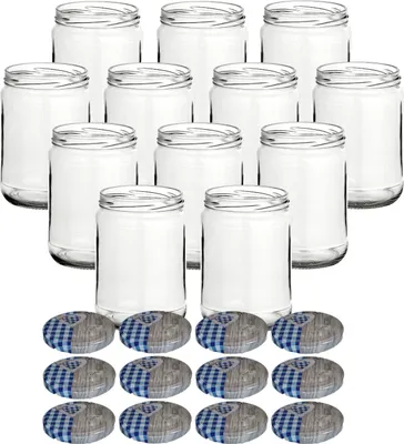 Immagine prodotto di set di 12 barattoli da conserva 580 ml classic con tappo a vite cuore blu - Barattoli grandi con tappo a vite TO82 per conserve fatte in casa