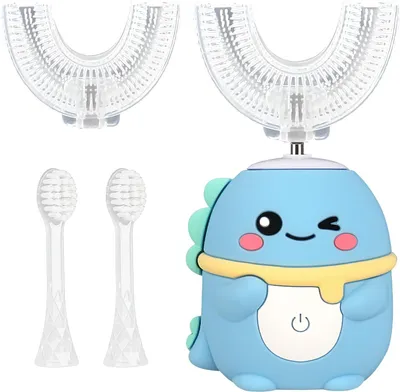Immagine prodotto di Spazzolino elettrico per bambini con ultrasuoni, a 360°, con 2 testine in silicone a forma di "U", adatto a bambini dai 2 ai 12 anni
