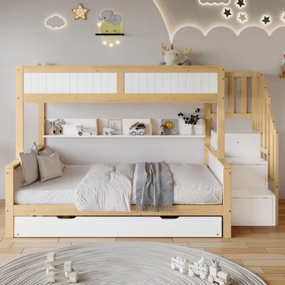 Imagen del producto de Cama nido de 90x200 cm y 120x200 cm, fabricada en pino y MDF, con una cama abatible de 90x190 cm, armario y escalera con espacio de almacenamiento, todo en color blanco natural, ideal para dormitorios infantiles