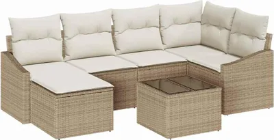 Imagen del producto de Conjunto de sillones de jardín con cojines, 7 piezas, color beige, fabricado en polirratán