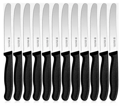 Produktbild von Schwarzes Frühstücksmesser Set mit 12 Stück, Brotmesser mit Wellenschliff, Edelstahl Tomatenmesser, Scharfe Besteckmesser mit Kunststoffgriff, Spülmaschinenfest