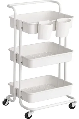 Image de Chariot de cuisine, chariot de service, 3 niveaux, 2 freins, étagères de rangement en plastique, couleur noire