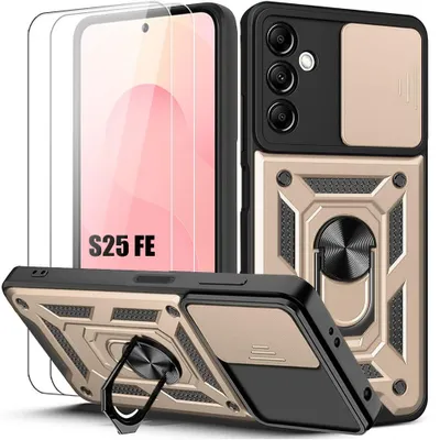 Image de Coque + 2 Verres Trempés pour Samsung Galaxy S25 FE, Antichoc avec Anneau et Protection Caméra - Doré