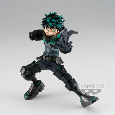 A figurine of Izuku Midoriya from My Hero Academia in a dynamic pose against a plain background.