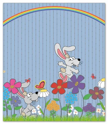 Produktbild von Wallario Herdabdeckplatte aus Glas, Größe 52 x 60 cm 1-teilig, Motiv Süße Hasen unter einem Regenbogen
