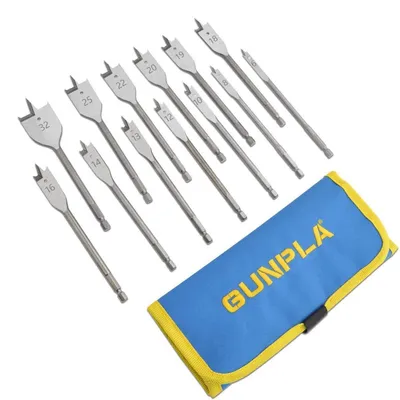 Produktbild von Flachfräsbohrer Set 13tlg. 6-32mm, 1/4" Sechskantschaft, Holzbohrer für Weich- und Hartholz, Rolltasche