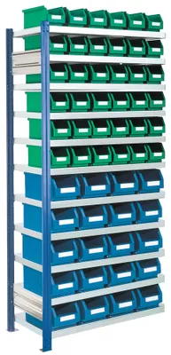 Produktbild von Robustes Profi Ordnungsregal - Sortimentsregal - Anbauregal mit 56 Sichtlagerkästen 2.000 x 1.000 x 400 mm (HxBxT) - enzianblau (RAL 5010)