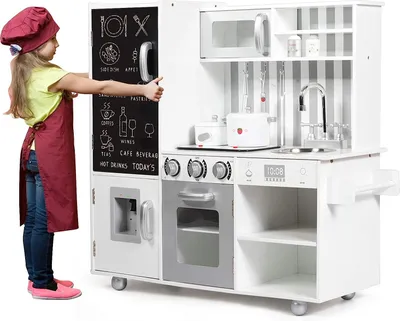 Produktbild von COSTWAY Kinderküche mit Tafel und simulierten Geräuschen, Kinder Spielküche Holz inkl. Spielzubehör, für Kinder ab 3 Jahre, weiß, 83 x 32 x 80cm