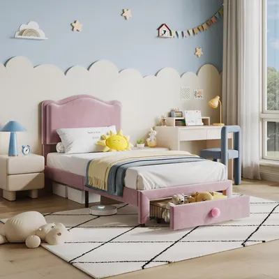 Produktbild von Bettgestell Polsterbett Plattformbett mit Kopfteil Rosa