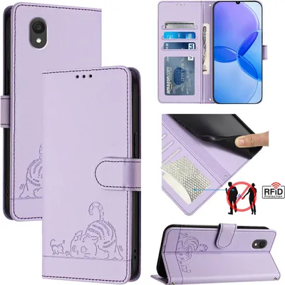 Produktbild von Leder Hülle für TCL 201 Süße Katze Flip Case Brieftasche Schutzhülle mit Standfunktion Lila