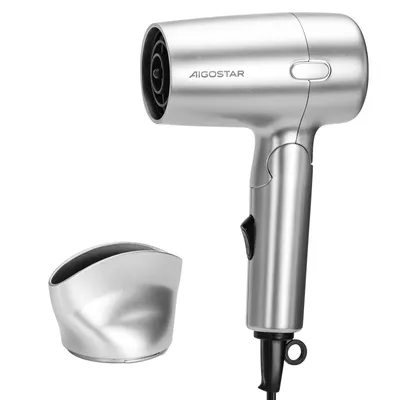 A silver Aigostar hairdryer and its attachment are displayed against a white background.
