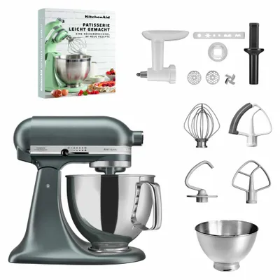 Produktbild von KitchenAid 4,8 L 5KSM175 Artisan Küchenmaschine Pastrylover mit Kunststofffleischwolf+Spritzgebäckvorsatz und Patisserie Buch Juniper