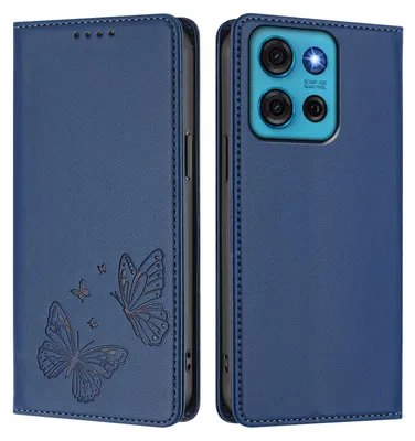 Produktbild von Lederhülle für Motorola Moto G75 5G, Schmetterling Prägung Leder Brieftasche Schutzhülle mit Ständer Dunkelblau