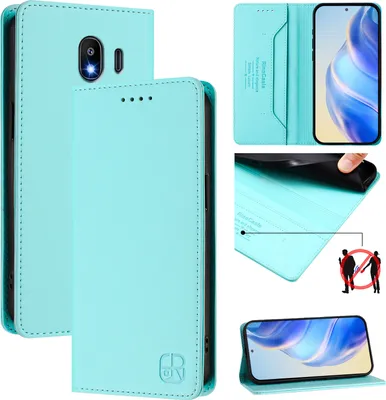 Produktbild von Lederhülle für Samsung Galaxy J4 2018 Hülle Flip Brieftasche Kartenfächern Ständer Schutzhülle Türkis