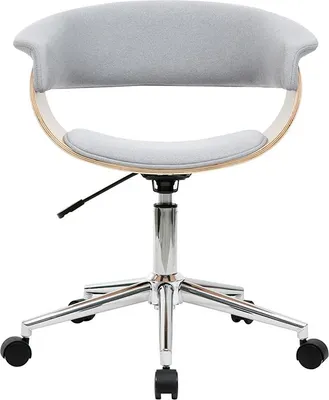 A modern office chair with a light gray fabric seat and back, supported by a curved light wood frame and a polished chrome base with five wheels.