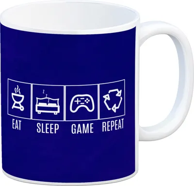 Produktbild von EAT, SLEEP, GAME, REPEAT Kaffeebecher mit blauem Hintergrund