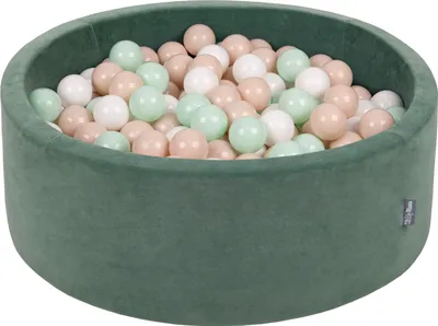 Produktbild von KiddyMoon rund bällebad velvet bällepool 90x30cm/300 bälle ∅ 7cm ballgruben für babys spielbad kleinkinder, hergestellt in der eu, waldgrün: pastellbeige/weiß/minze