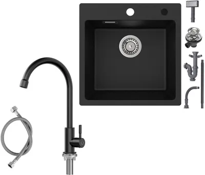 Produktbild von Granitspüle 45×45cm Aufsatzspüle für die Küche Anthrazitschwarz mit Hochdruck Kaltwasser Küchenarmatur Schwarz Höhe 273 mm