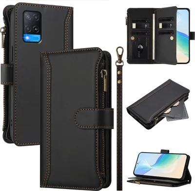 Produktbild von Handyhülle für Oppo A56 5G Reißverschluss Geldbörse Kunstleder Klapphülle mit Kartensteckplatz, Ständer, Handschlaufe Schwarz