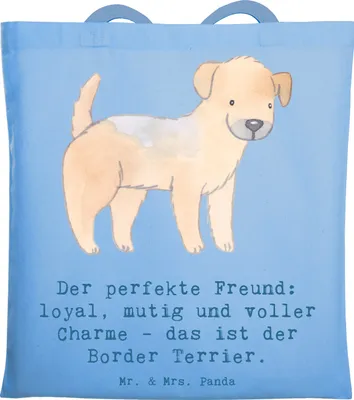 Produktbild von Mr. & Mrs. Panda Shopping Tasche Border Terrier Freund - Sky Blue - Geschenk, Hunderassen Eigenschaften, Tote Bag, Hunde, Jutebeutel, Laptoptasche, liebevoller Hund