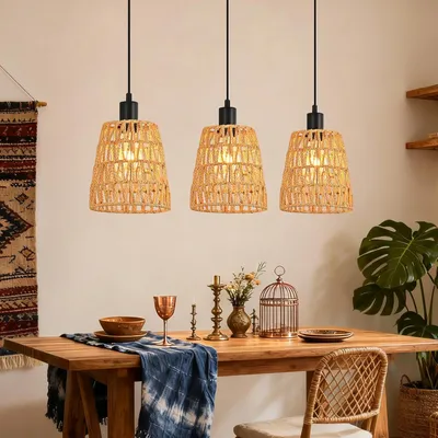 Image de ZMH Lampe à suspendre Boho Lampe à suspendre en rotin à 3 flammes Lampe de table à manger Rétro Tressée Lampe à suspendre Abat-jour Corde de chanvre E27 Lampe à suspendre Sans ampoule