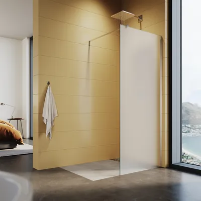 A modern bathroom with a walk-in shower and a large window overlooking a scenic view.