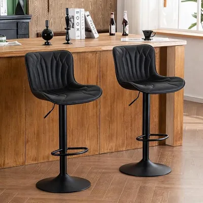 Immagine prodotto di Set di 2 sgabelli da bar, con altezza regolabile e girevoli, rivestiti in ecopelle. Sgabelli da bar moderni, ideali per banconi o cucine, con schienale alto, colore nero