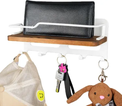 Produktbild von INF Wandmontierter Schlüsselhalter aus Kiefernholz mit 5 Haken und Ablage Weiß