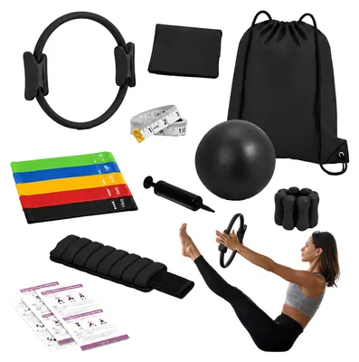 Produktbild von Relaxdays Pilates Set, 13-teilig, Ring, Ball, 6 Widerstandsbänder, Gewichtsmanschetten, Pilateszubehör zuhause, schwarz