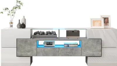 Image de Fortuna Lai Armoire TV L145 cm - Blanc brillant, LED intégrées, surface en verre, design élégant pour le salon