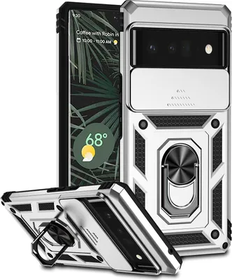 A Google Pixel 6 Pro phone case with a sliding camera cover and ring holder, shown from multiple angles.