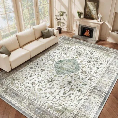 Produktbild von Unyqoos® Waschbarer Vintage-Teppich 230 x 160 cm – Retro-Blumenmuster, ultrafeine Kaschmirfaser, TPE-Antirutschrücken, weich für Wohnzimmer & Flur