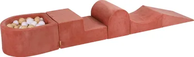 Produktbild von MeowBaby Spielplatz aus Schaumstoff 4-Element Schaumspielset mit Kleine Bällebad, 100 Bälle, 57x45x30cm, Samt, Marsalarot: Weiß, Beige