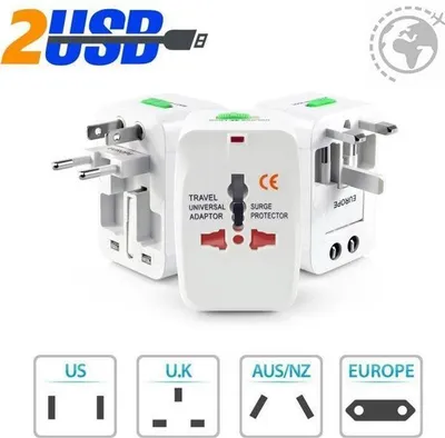 Produktbild von Reiseadapter mit 2 USB-Anschlüssen, universelles All-in-One-Wandladegerät, Multi-Ladegerät, kompatibel mit über 150 Ländern (EU, USA, Großbritannien, Australien).
