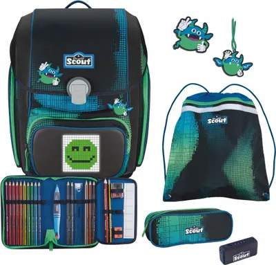 A collection of school supplies including a backpack, pencil case, and drawstring bag, all with a pixelated blue and green design.