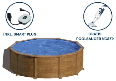 Image de Piscine ronde en acier GRE aspect bois KITPR458WO – Ø 460 x 132 cm, kit complet + nettoyeur électrique de piscine VCB50 OFFERT