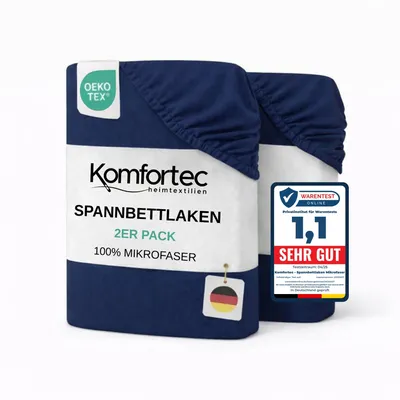 A product shot of two folded navy blue fitted sheets, with packaging and marketing labels.