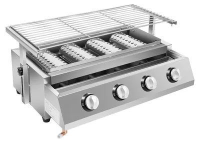 Produktbild von Gasgrill mit 4 Brennern - Tischgrill Plancha - Höhenverstellbar 0–7 cm - Elektrische Zündung - Edelstahl 57x39x17,5 cm - Grau