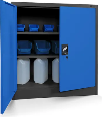 A blue and gray metal cabinet with its doors open, showing storage bins and plastic containers inside.