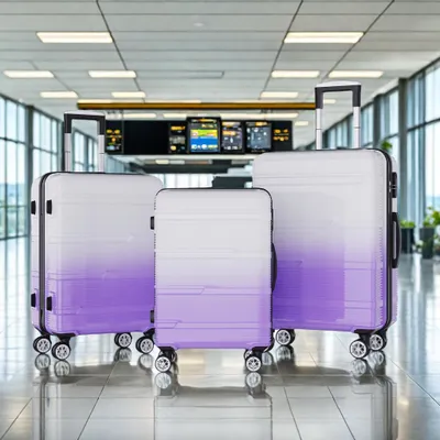 Obrázek produktu pro Sada vozíků Sada pevných kufrů s váhou na zavazadla, kombinačním zámkem, teleskopickou rukojetí - barevný gradient v růžovo-fialové barvě, 3dílná sada kufrů 20/24/28 palců + zavazadlový prostor