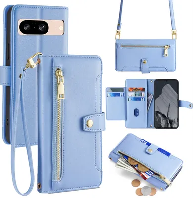 Produktbild von Handykette Google Hülle mit Band Handyhülle Kartenfächer Kunstleder Umhängetasche Pixel 8 Hellblau