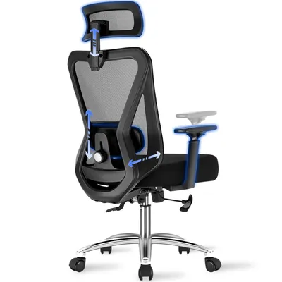 Produktbild von Bürostuhl, ergonomisch bis 200 kg, höhenverstellbarer Schreibtischstuhl mit 4D-Lendenstütze, Kopfstütze und verstellbaren Armlehnen, Drehstuhl