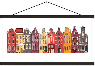 Produktbild von MuchoWow® Textilposter Illustration - Amsterdam - Haus 120x60 cm mit schwarzem Rahmen - Dekoration Schlafzimmer