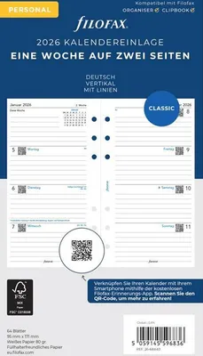 Produktbild von FILOFAX Kalendereinlage 2026 - Personal - 1 Woche = 2 Seiten - vertikal - deutsch - 26-68440
