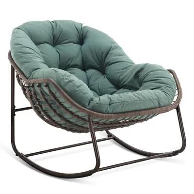 A green cushioned rocking chair with a brown woven frame, shown against a white background.